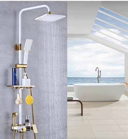 Juno White & Gold Rain Shower System Thermostatic LED Digital Display Mixer With Tub Spout