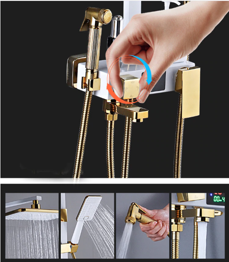 Juno White & Gold Rain Thermostatic LED Digital Display Mixer Shower System With Tub Spout & Handheld Shower
