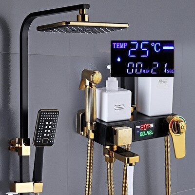 Juno Featured Black & Gold Rain Shower System Thermostatic LED Digital Display Mixer With Tub Spout & Handheld Shower