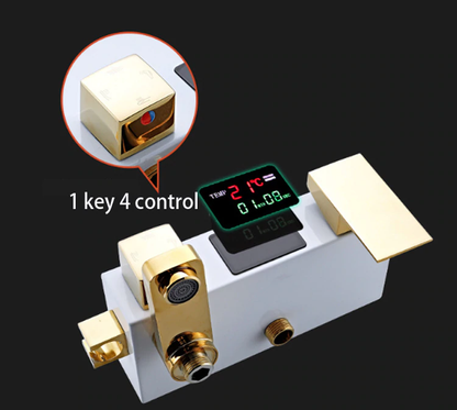 Juno White & Gold Rain Thermostatic LED Digital Display Mixer Shower System With Tub Spout & Handheld Shower
