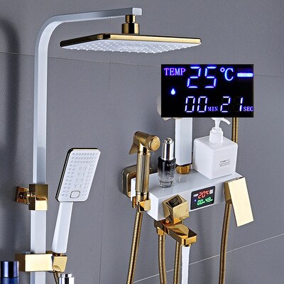 Juno White & Gold Rain Thermostatic LED Digital Display Mixer Shower System With Tub Spout & Handheld Shower