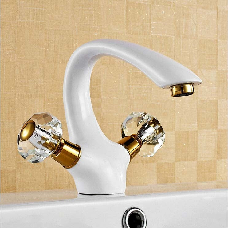 White Crystal Double Handle Bathroom Sink Faucet