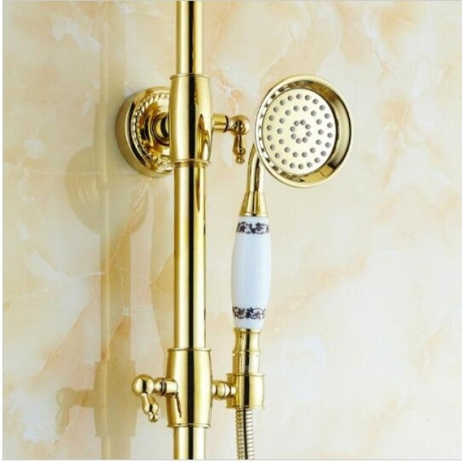 Juno White Design Gold Bath Shower Faucet & Shower Head with Hand held Shower 