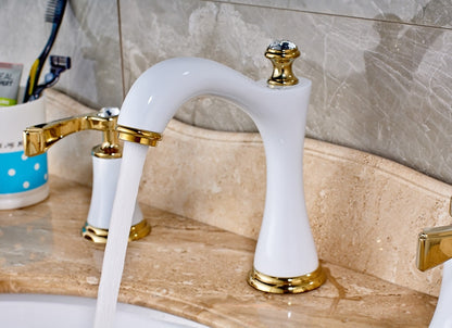 White Golden Deck Mounted Gold Handle Bathroom Mixer Faucet 