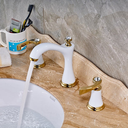 White Golden Deck Mounted Gold Handle Bathroom Mixer Faucet 