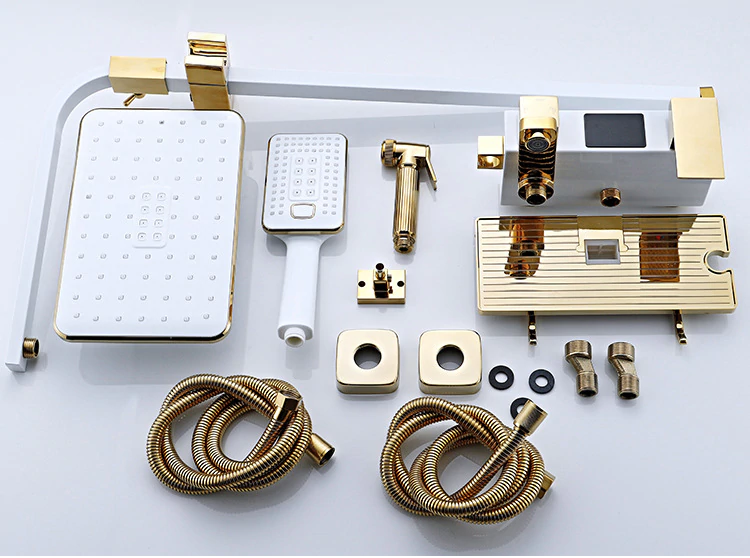 Juno White & Gold Rain Shower System Thermostatic LED Digital Display Mixer With Tub Spout