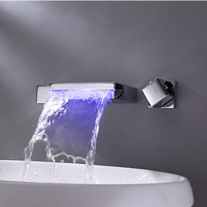 Wall Mount Square Dual Handle LED Bath Sink Waterfall Faucet