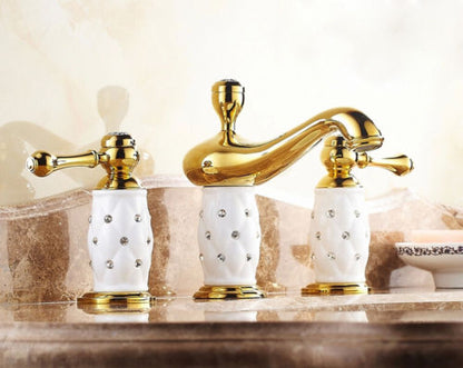 Widespread 3 Holes Crystal Design Bathroom Sink Faucet in Gold Faucet