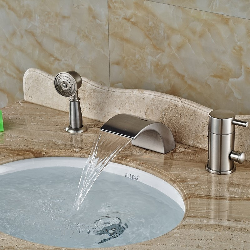 Widespread Brushed Nickel Deck Mount LED Light Bathtub Faucet with Hand Shower