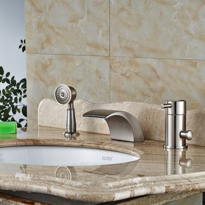 Widespread Brushed Nickel Deck Mount LED Light Bathtub Faucet with Hand Shower