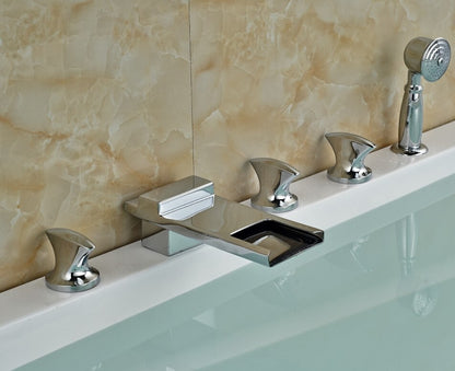 Widespread Stylish Triple Handle Chrome Bathtub Faucet with Hand Shower