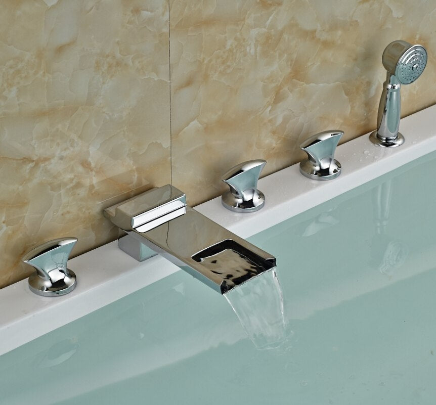 Widespread Stylish Triple Handle Chrome Bathtub Faucet with Hand Shower