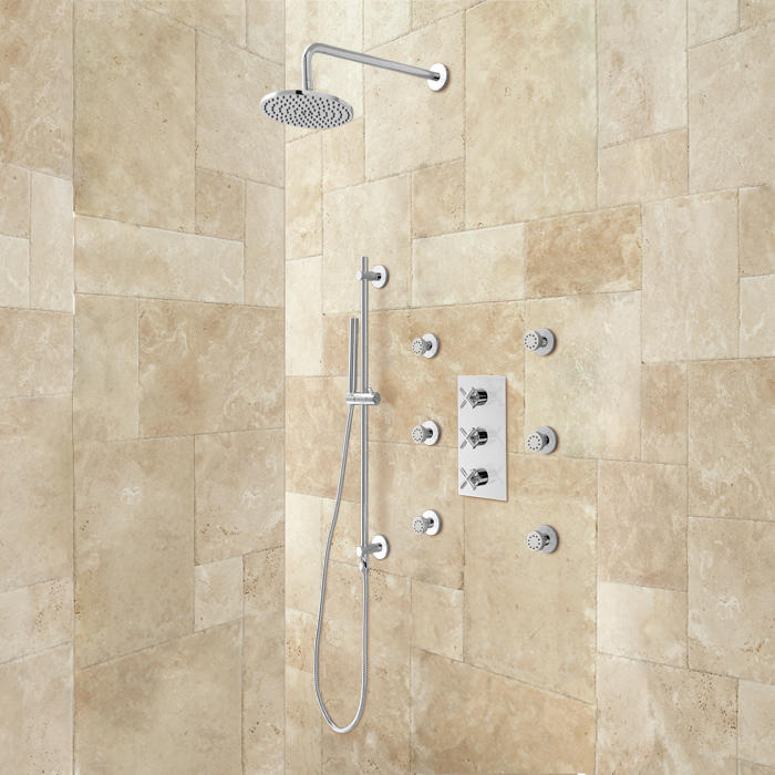 Cali Thermostatic Wall Mount Shower System With Six Body Jets in Chrome Finish