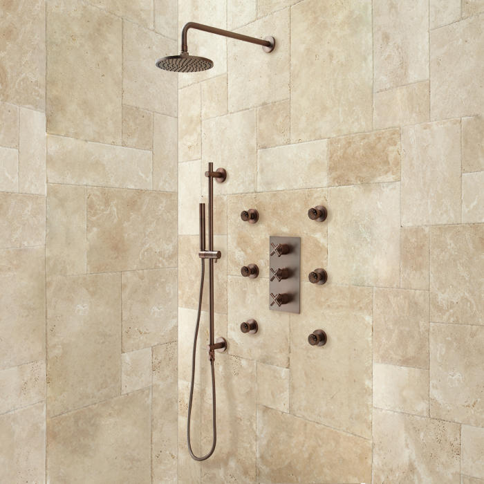 Cali Thermostatic Wall Mount Shower System With Six Body Jets in Oil Rubbed Bronze
