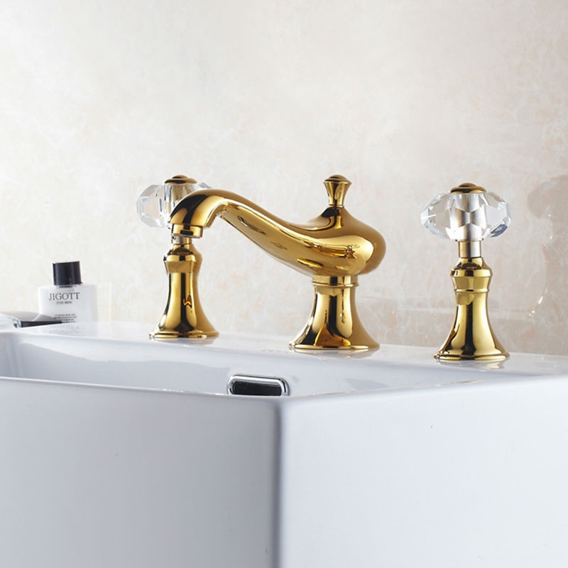 Beautiful Golden Deck Mounted Crystal Handle Bathroom Mixer Faucet
