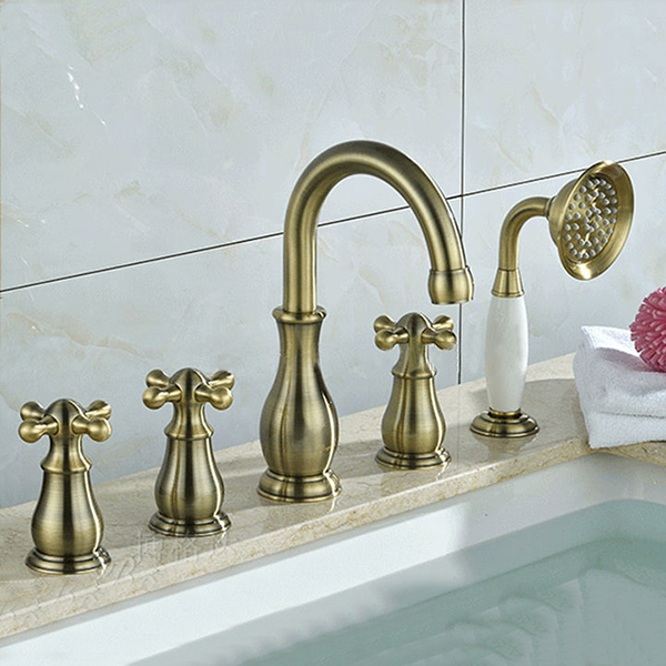 Bathroom Bathtub Golden Deck Mounted Faucet Mixer Handheld Shower Taps 