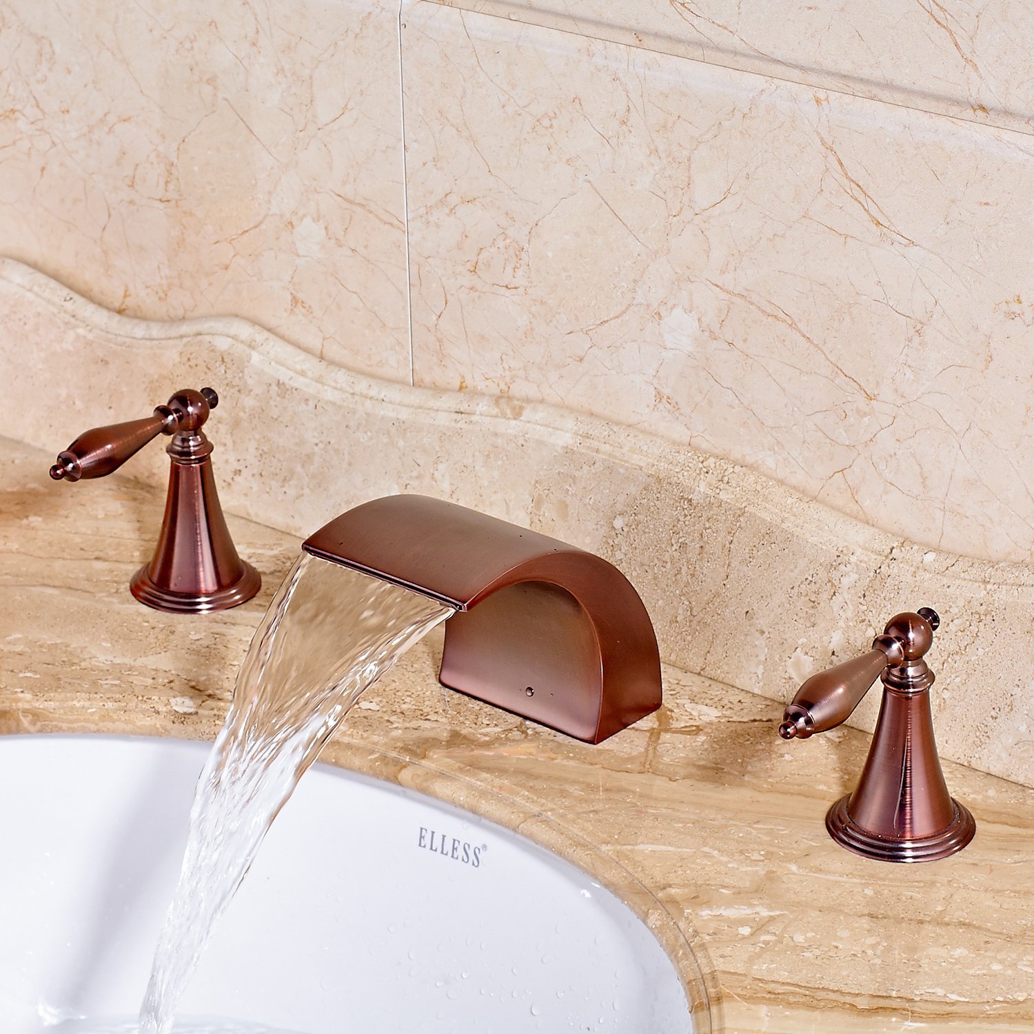 Belem Copper Finish Dual Handle Widespread Waterfall Sink Faucet