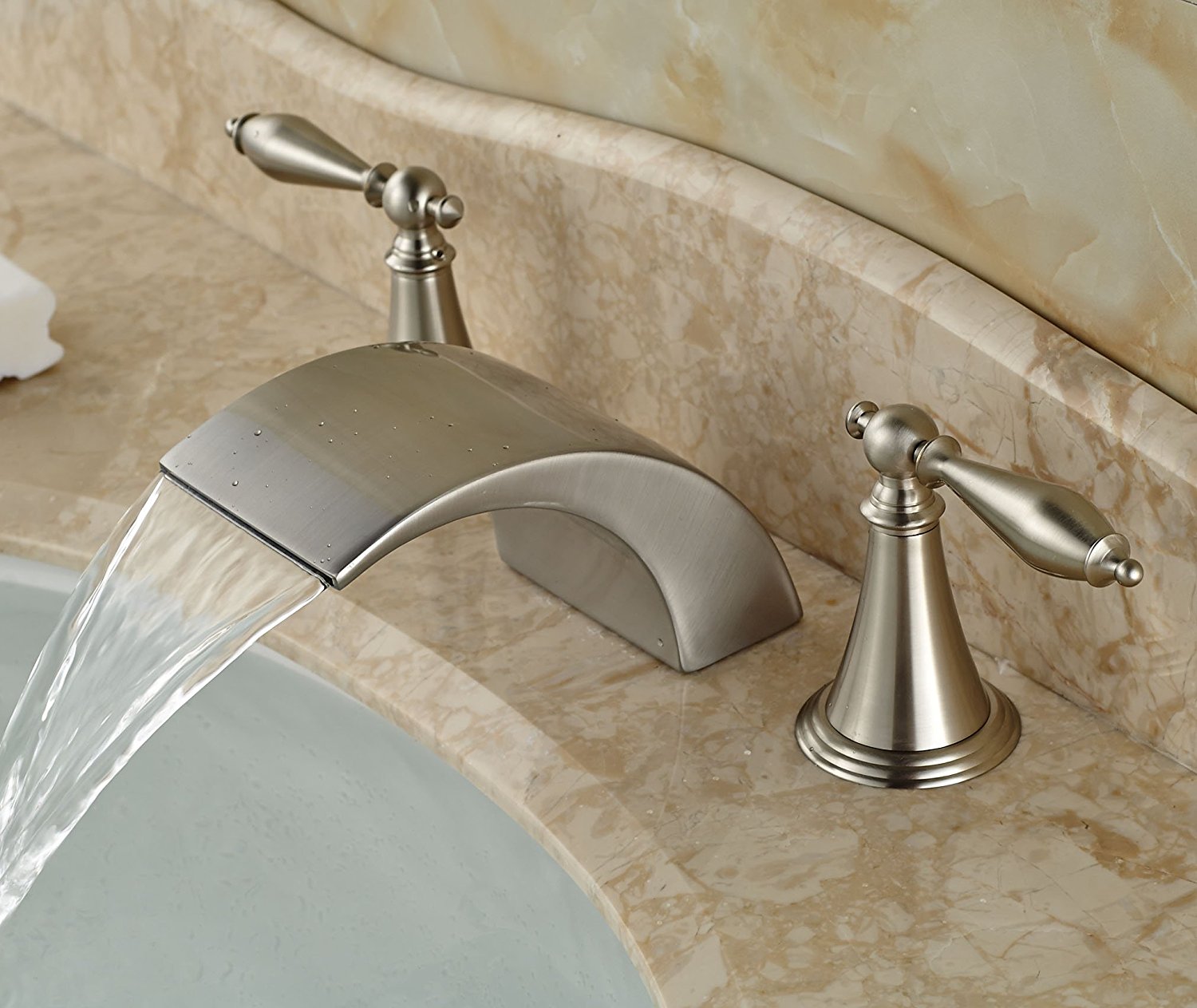 Belem Brushed Nickel Dual Handle Widespread Waterfall Sink Faucet