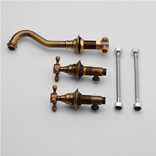 Antique Brass Double Handles Wall Mount Bathroom Sink Faucet