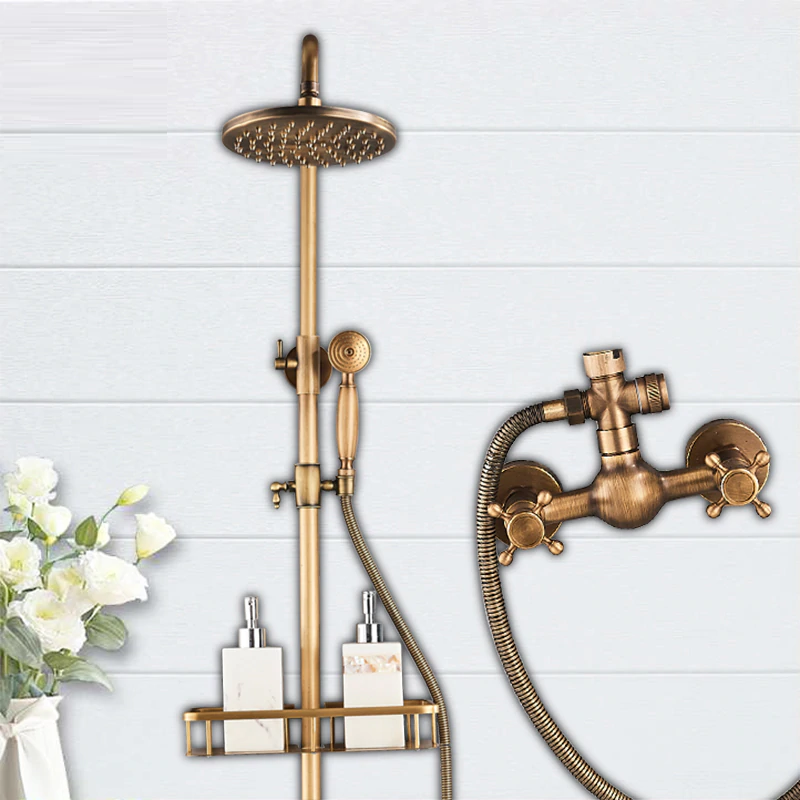 Juno Combo Antique Brass Shower Faucet Set with Shower Mixer & Commodity Shelf