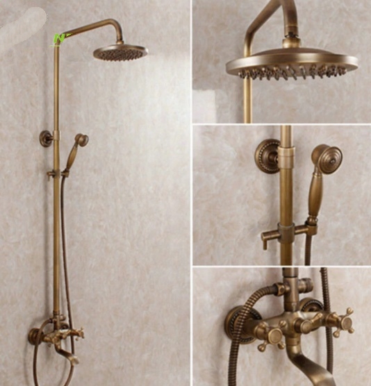 Antique Bronze Shower Head Wall Install with Hand Held Shower & Bathroom Faucet