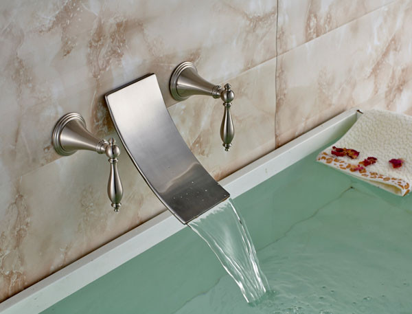 Brushed Nickel Waterfall Roman Tub Filler Faucet with LED Double Handles Mixer 