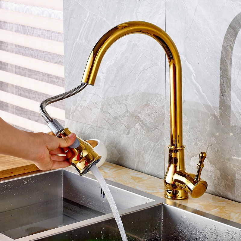 Beautiful Dual Handle Pull Out Curved Kitchen Sink Faucet