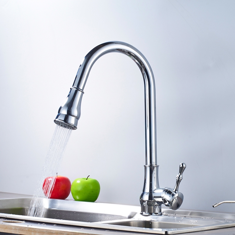 Square Base Single Handle 360-Degree Pull Out Curved Kitchen Faucet