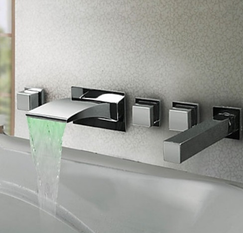 Beautiful Square Handle LED Widespread Bathroom Bathtub Faucet with Hand Held Shower