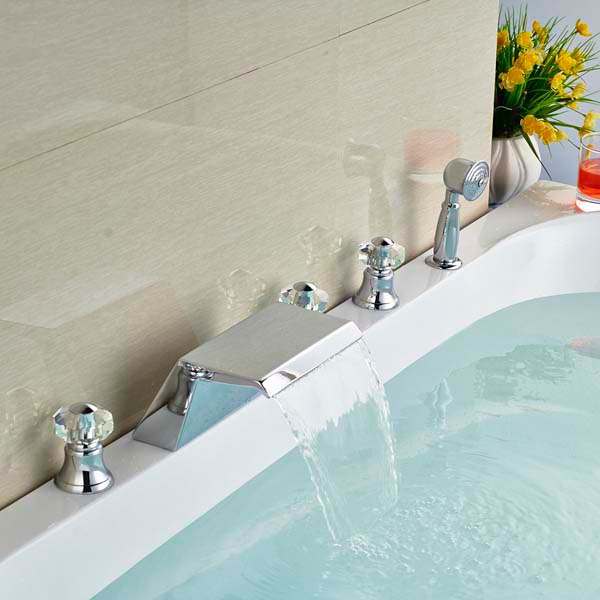Beautiful Triple Crystal Handle Bathtub Faucet with Handheld Shower Mixer