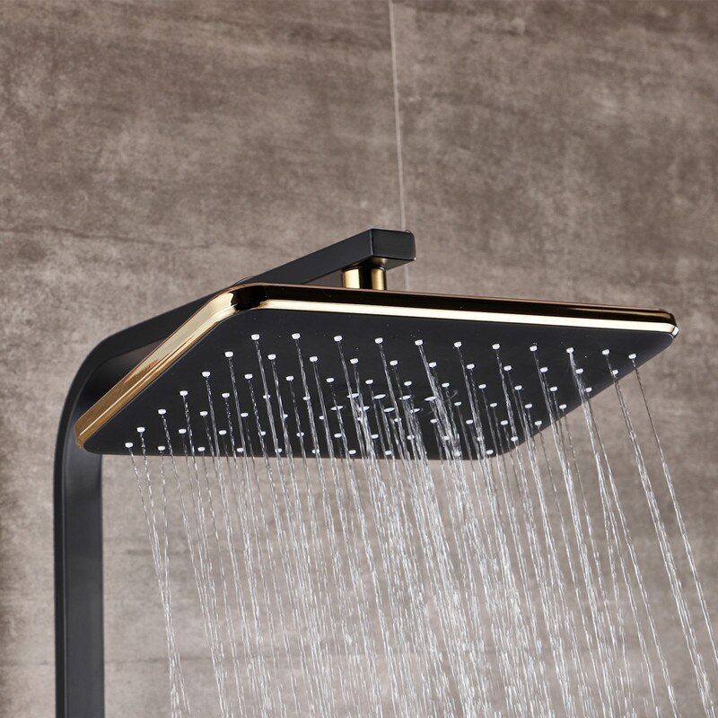 Juno Luxury Black & Gold Shower Panel Set Wall Mount Modern Bidet Shower Shelf 