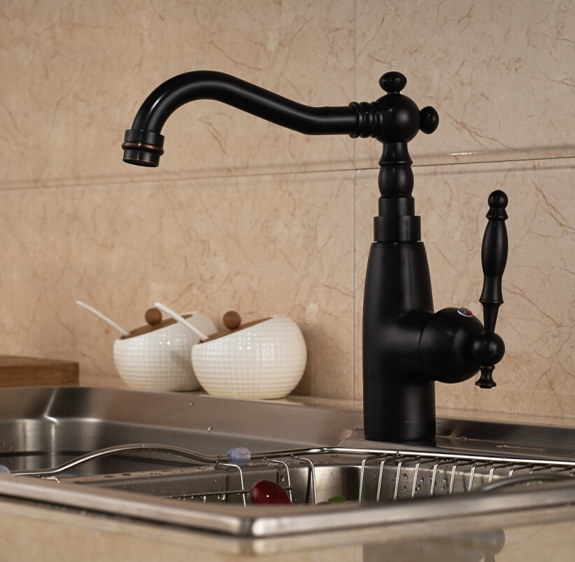 Black Deck Mounted Oil-Rubbed Bronze Kitchen Sink Mixer Faucet