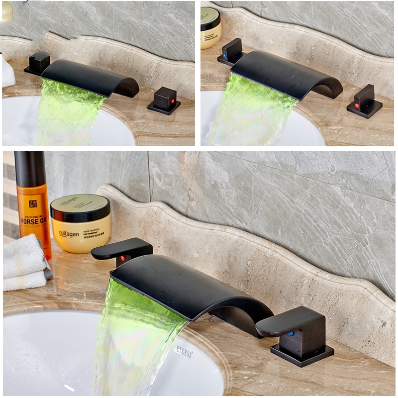 Black Deck Mounted Widespread Waterfall Bathroom Sink Faucet Black Deck Mounted Widespread Waterfall Bathroom Sink Faucet