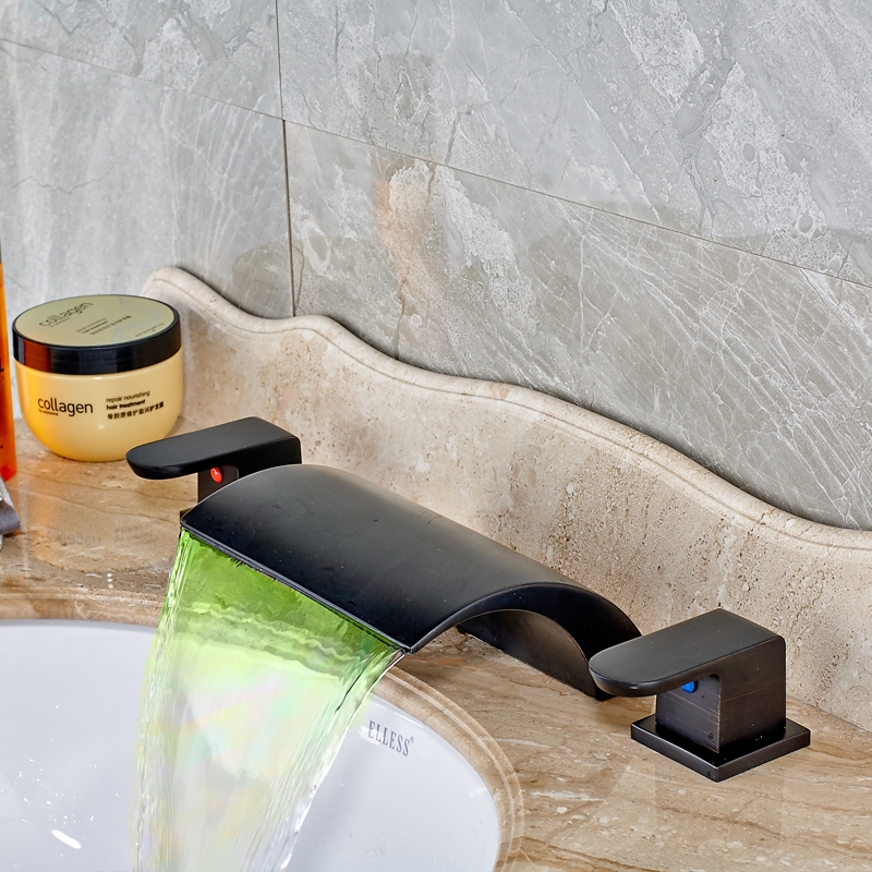 Black Deck Mounted Widespread Waterfall Bathroom Sink FaucetBlack Deck Mounted Widespread Waterfall Bathroom Sink Faucet