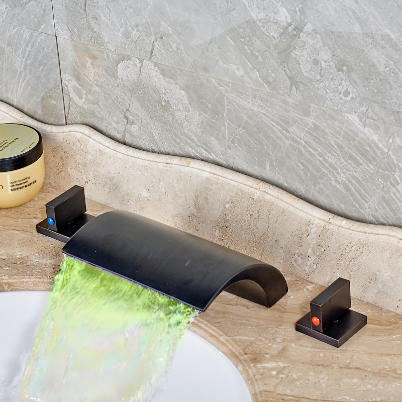 Black Deck Mounted Widespread Waterfall Bathroom Sink FaucetBlack Deck Mounted Widespread Waterfall Bathroom Sink Faucet