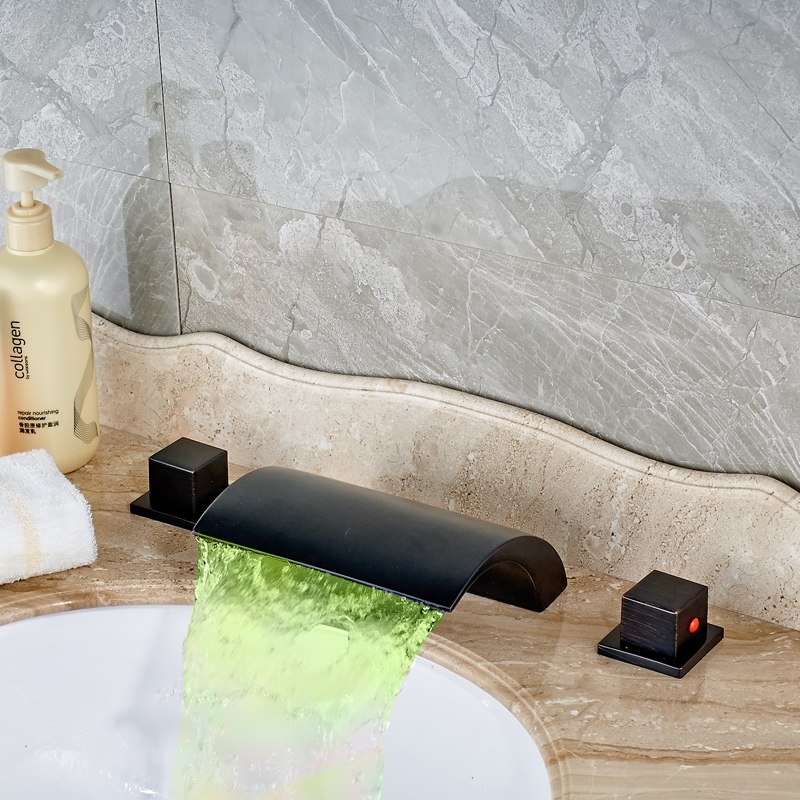 Black Deck Mounted Widespread Waterfall Bathroom Sink FaucetBlack Deck Mounted Widespread Waterfall Bathroom Sink Faucet