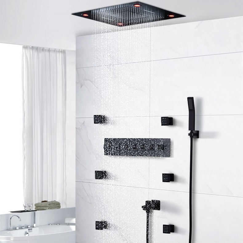 Juno 24 Inch LED Black Shower Set 6 Functions Shower Panel Thermostatic Mixer Shower Head Set