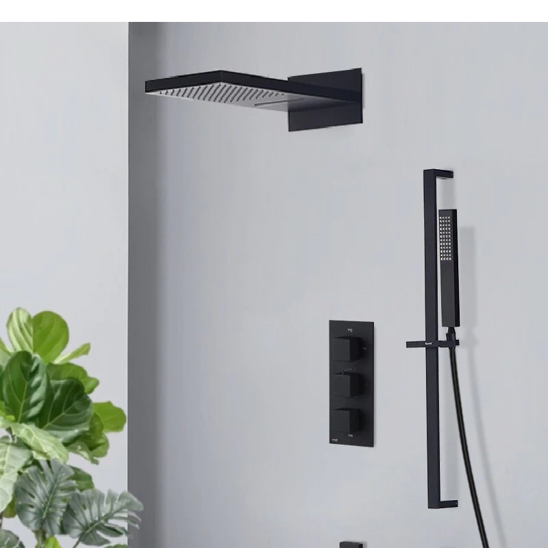 JUNO Matte Black Thermostatic Shower Faucet Rain & Waterfall Shower With Slide Bar 4-way Thermostatic Mixer Swivel Spout Shower