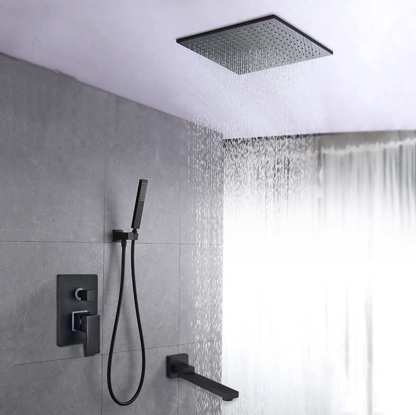 Black Square 16 Inches Water Rainfall Shower Head with Mixer Faucet