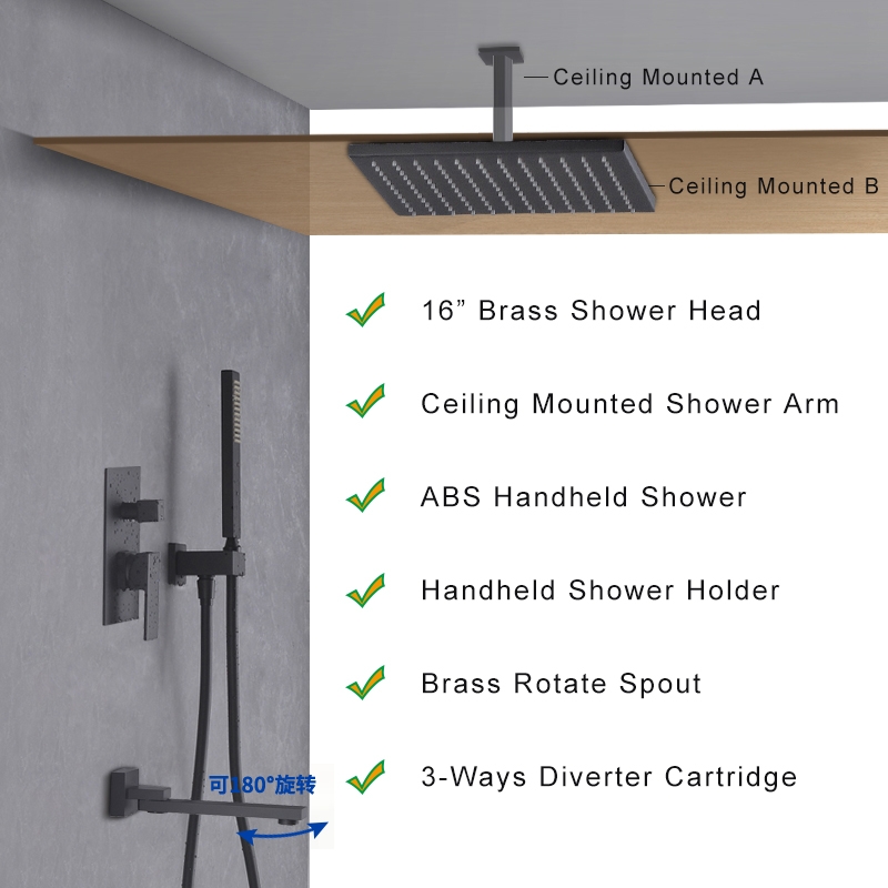 Black Square 16 Inches Water Rainfall Shower Head with Mixer Faucet