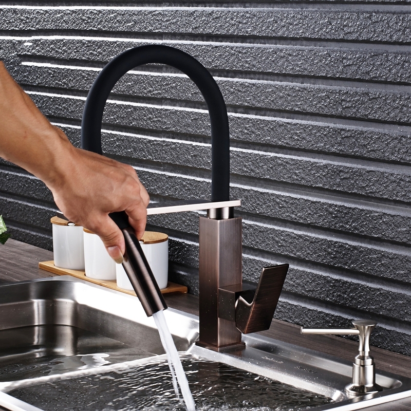 Black Square Base Single Handle Kitchen Faucet with Soap Dispenser