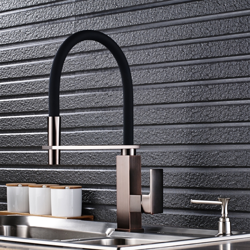 Black Square Base Single Handle Kitchen Faucet with Soap Dispenser