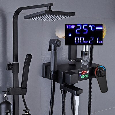 Juno Stylish Pure Black Rain Thermostatic LED Digital Display Mixer Shower System With Tub Spout & Handheld Shower