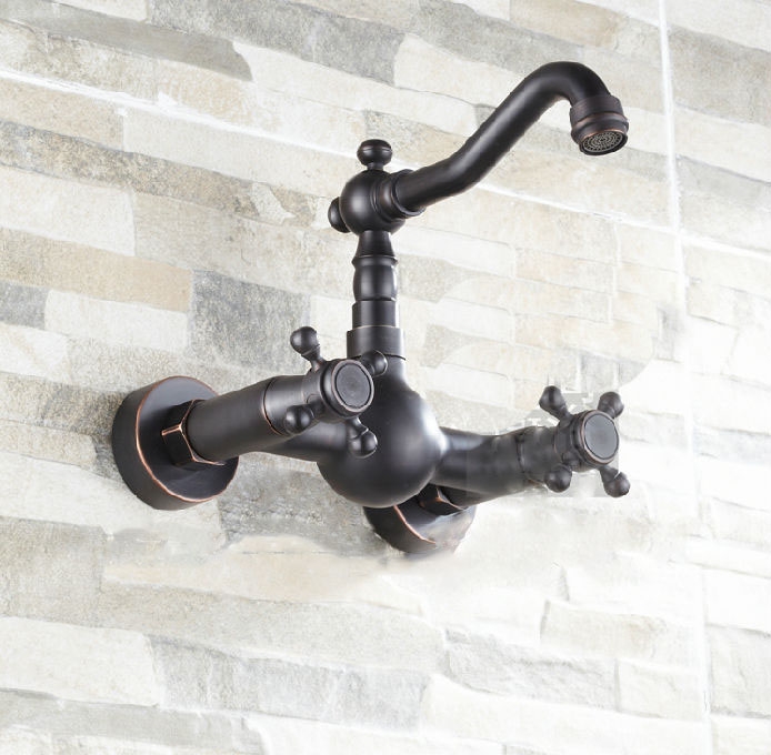 Black Wall Mounted Oil-Rubbed Bronze Kitchen Sink Mixer Faucet