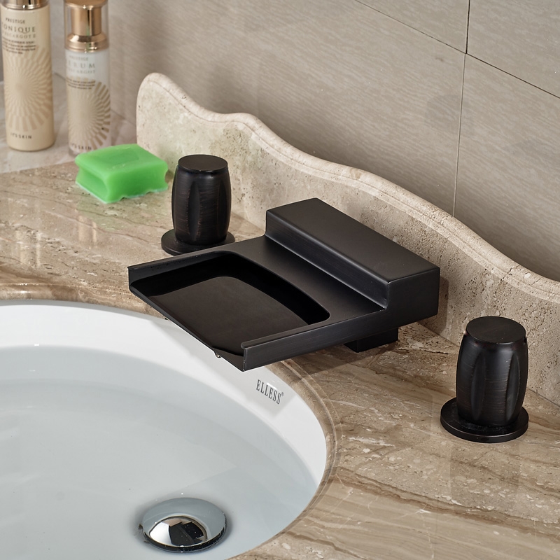 Black Widespread Waterfall Dual Handle Bathroom Sink Faucet