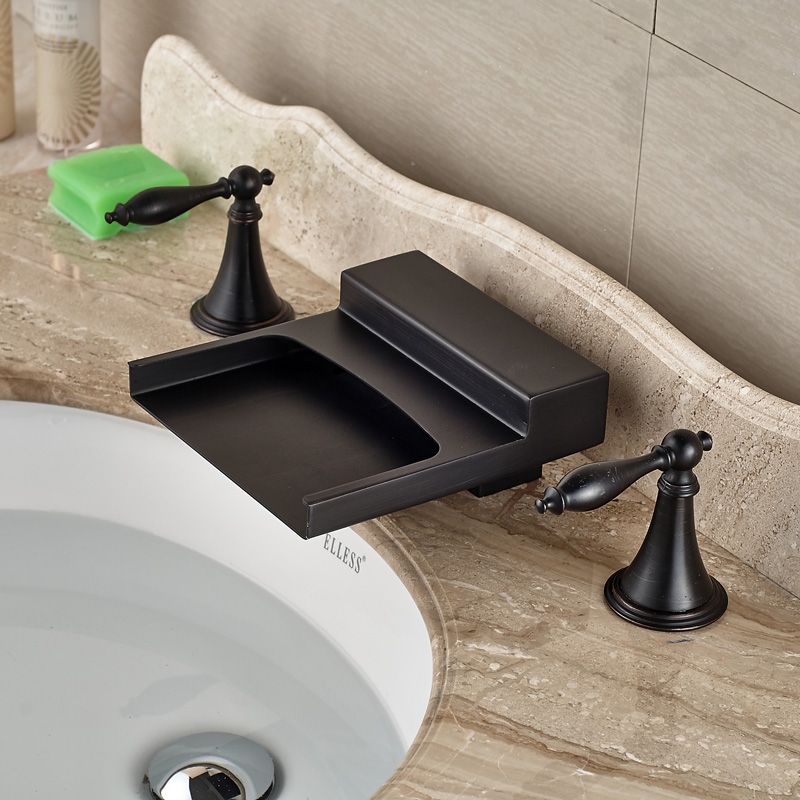 Black Widespread Waterfall Dual Handle Bathroom Sink Faucet