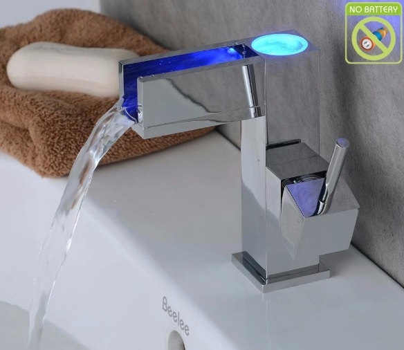 Blue LED Chrome Finished Waterfall Bathroom Sink Faucet