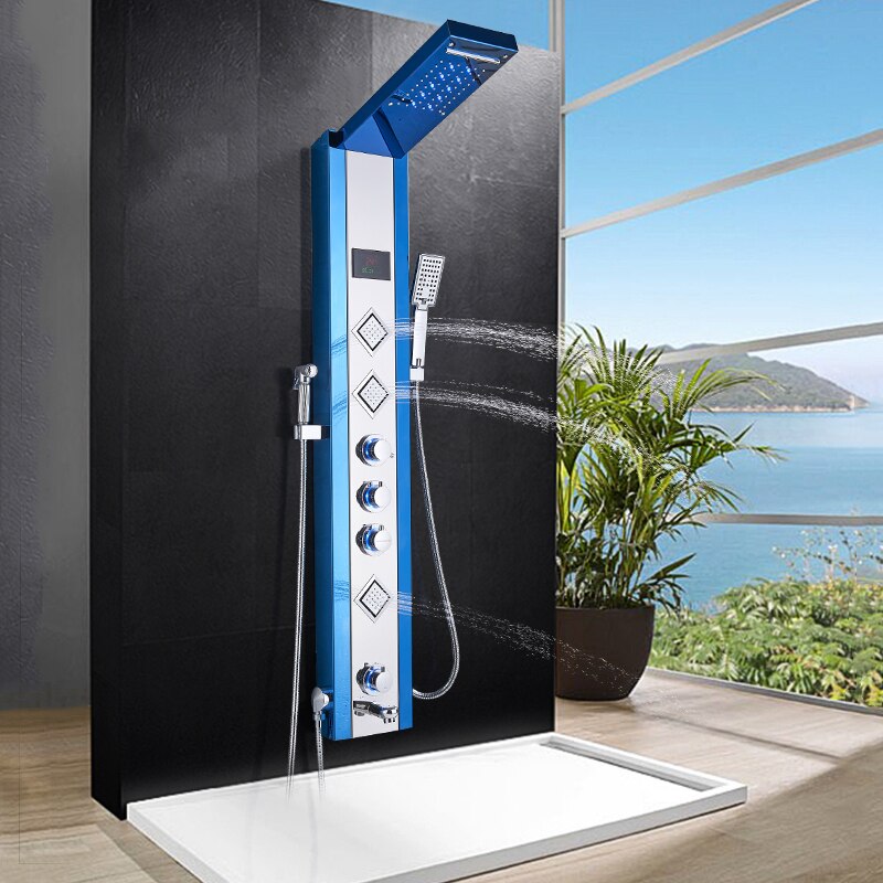 Juno Multi Function Blue Bathroom LED Shower Panel with Tub Spout