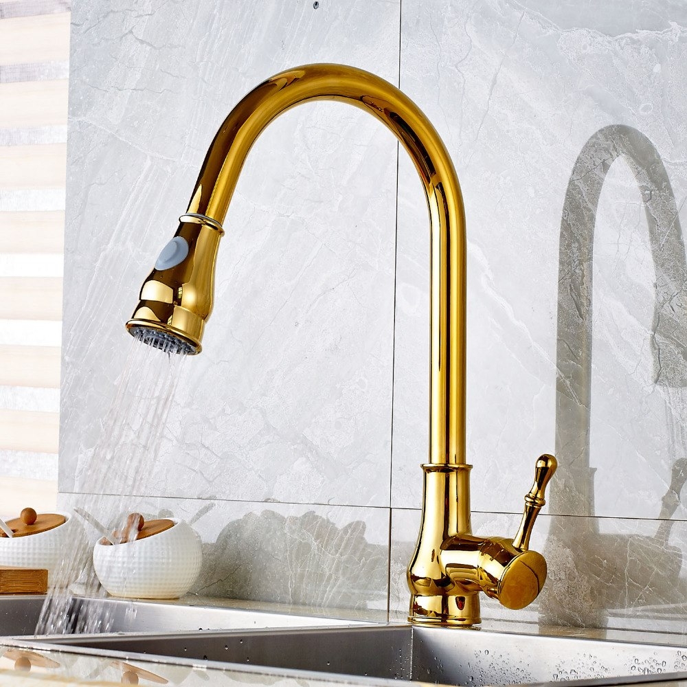 Ceramic Gold Deck Mounted Pull Out Kitchen Sink Faucet