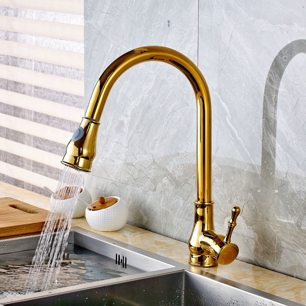 Ceramic Gold Deck Mounted Pull Out Kitchen Sink Faucet